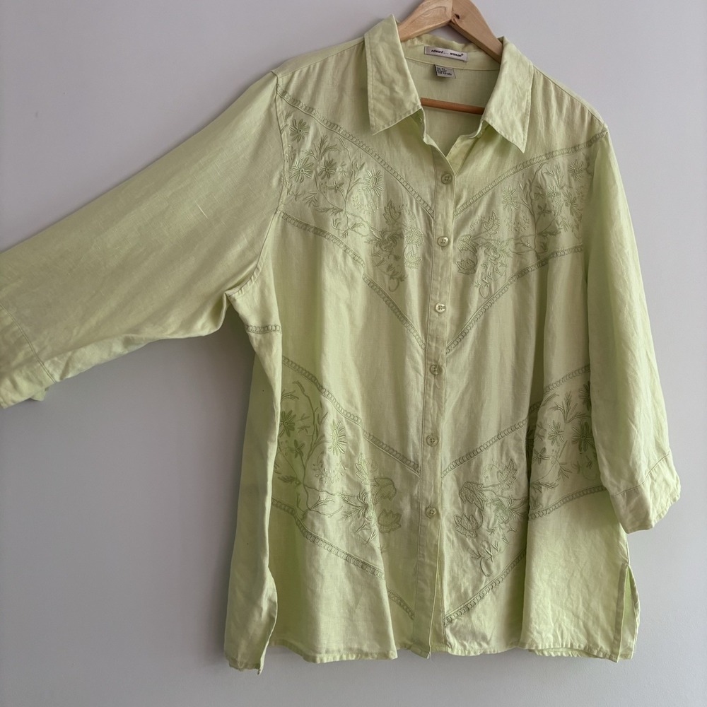 Edward Blouse Womens 3X Lime Green  100% Linen Button Up Embroidered Floral Chic